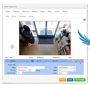 Line Crossing detects in real-time when an object crosses a restricted threshold. This advanced video analytic from Eagle Eye Networks uses powerful cloud-based artificial intelligence to track people or vehicles as they enter or exit designated areas, or for situational awareness when monitoring crowds or restricted areas.